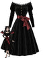 [Vorverkauf] Schwarzes 50er Samtkleid mit Carmen-Ausschnitt und Gürtel
