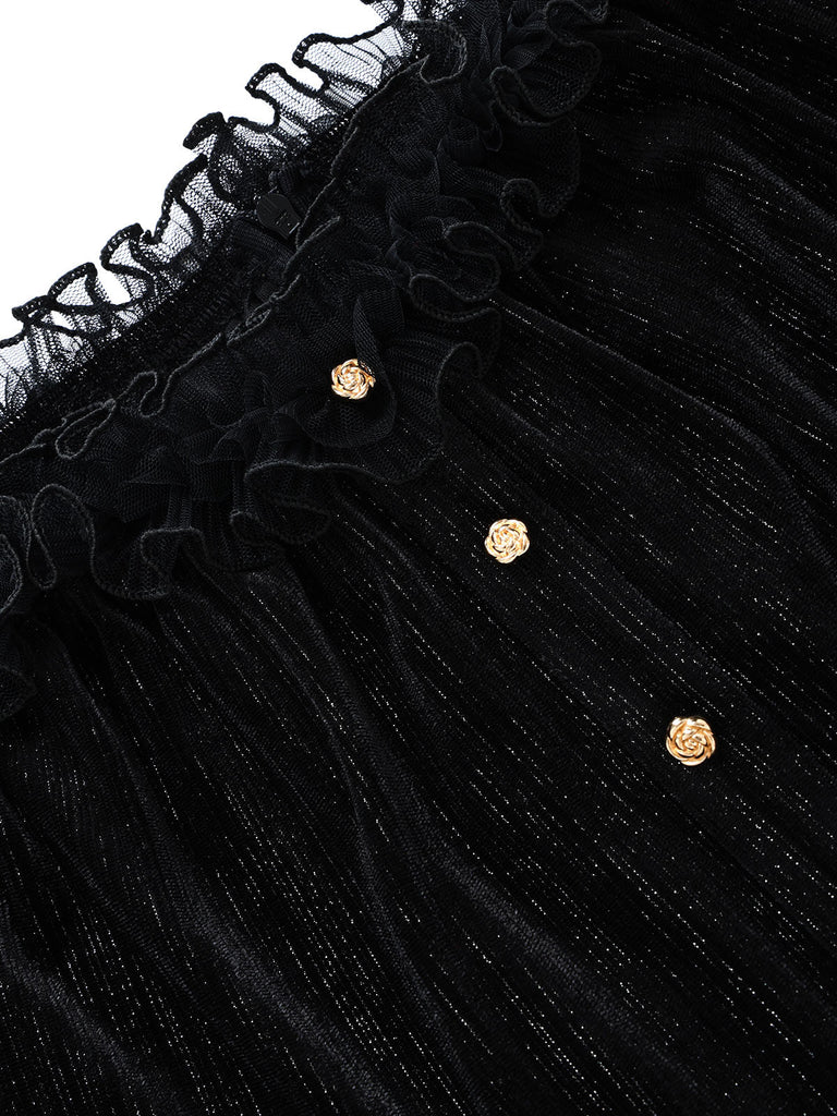 Schwarzes 50er schulterfreies Kleid mit Samt und Spitze