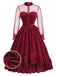 Rotes 50er Samtkleid mit Rüschen und Polka-Dot Ärmeln