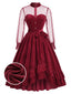 [Vorverkauf] Rotes 50er Samtkleid mit Rüschen und Polka-Dot Ärmeln