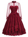 Rotes 50er Samtkleid mit Rüschen und Polka-Dot Ärmeln