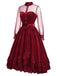 Rotes 50er Samtkleid mit Rüschen und Polka-Dot Ärmeln