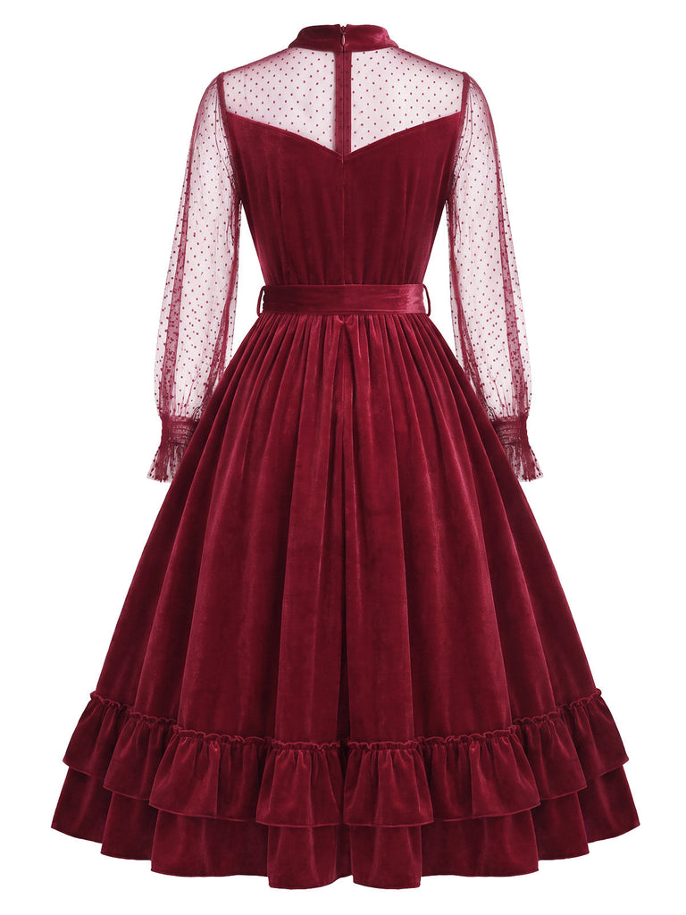 Rotes 50er Samtkleid mit Rüschen und Polka-Dot Ärmeln
