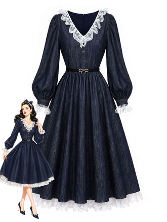 Blaues 40er Kleid mit Spitzen-Patchwork und Ballonärmeln