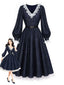 [Vorverkauf] Blaues 40er Kleid mit Spitzen-Patchwork und Ballonärmeln