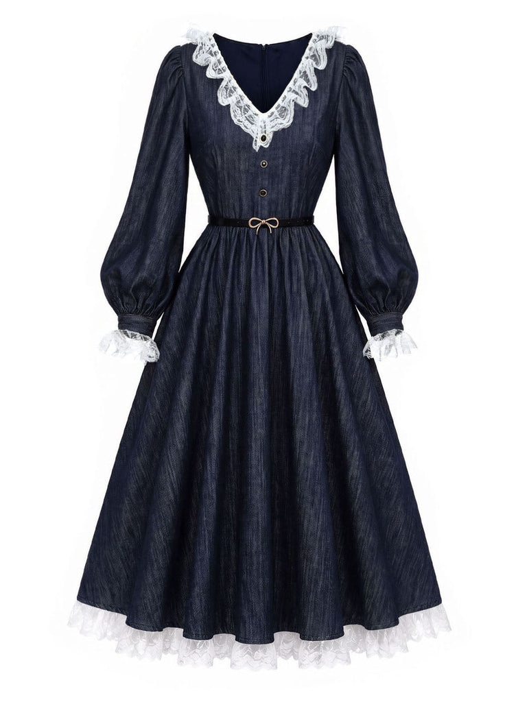 Blaues 40er Kleid mit Spitzen-Patchwork und Ballonärmeln