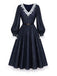 Blaues 40er Kleid mit Spitzen-Patchwork und Ballonärmeln