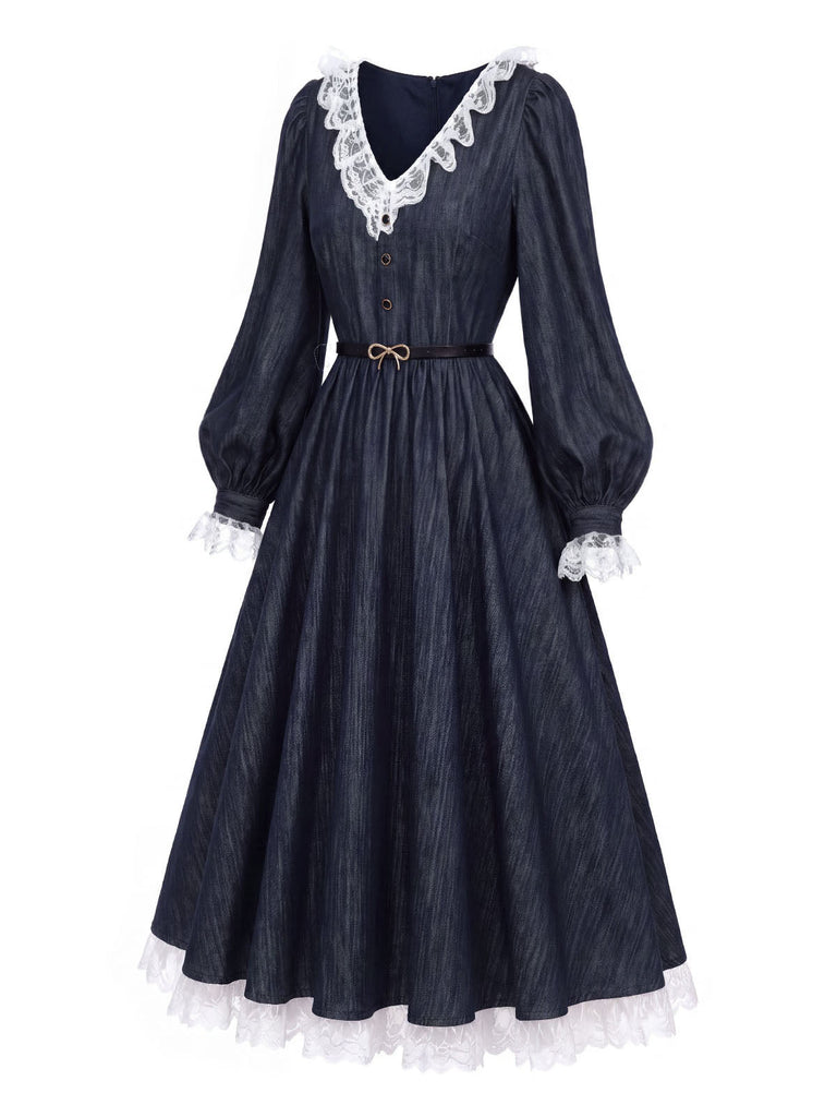 Blaues 40er Kleid mit Spitzen-Patchwork und Ballonärmeln