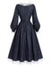 Blaues 40er Kleid mit Spitzen-Patchwork und Ballonärmeln