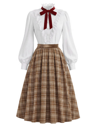 40er Set aus Bluse mit Spitzen-Rüschenkragen und Karofaltenrock