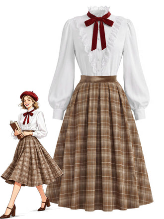 40er Set aus Bluse mit Spitzen-Rüschenkragen und Karofaltenrock