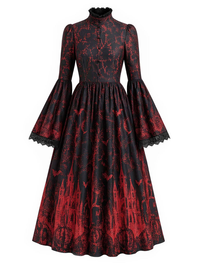 60er Gothic Maxikleid mit Schloss-Fledermaus-Print
