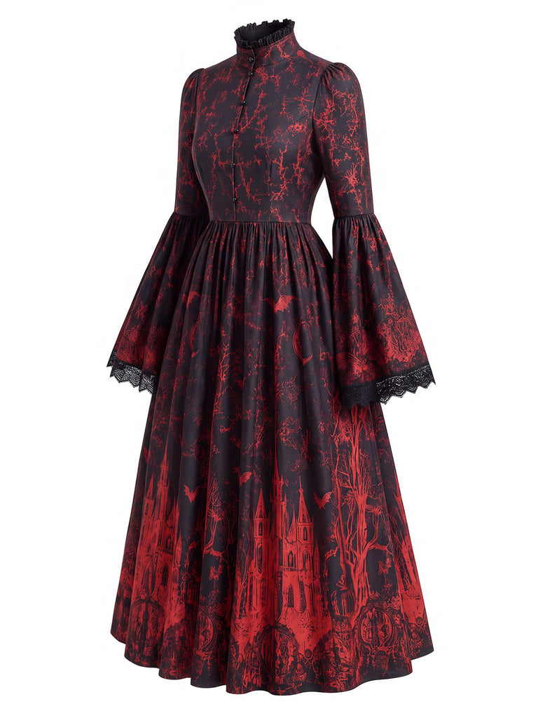60er Gothic Maxikleid mit Schloss-Fledermaus-Print