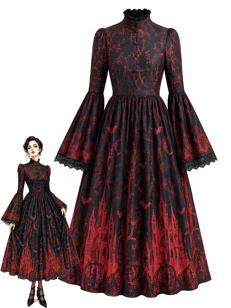 60er Gothic Maxikleid mit Schloss-Fledermaus-Print