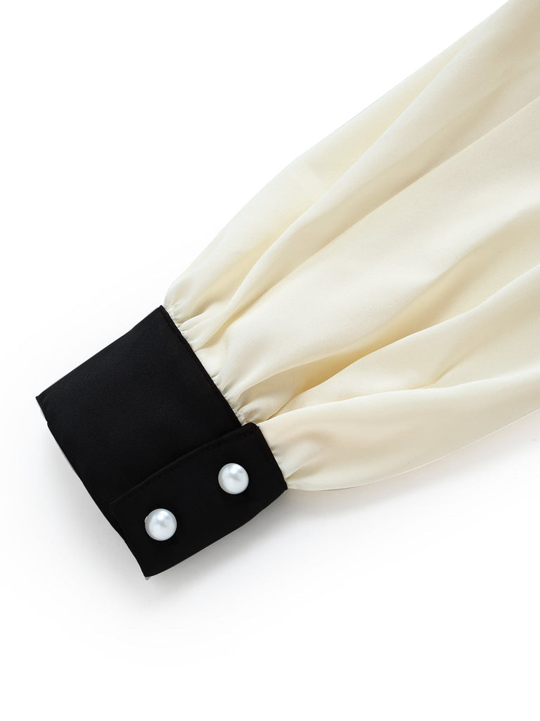 70er Satinbluse mit Schleife und Kontrastmanschetten