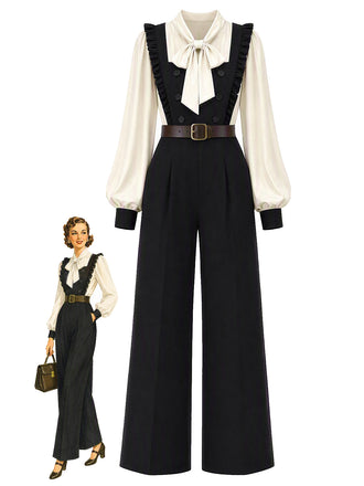 [Vorverkauf] 70er Set mit Rüschenträger-Jumpsuit und Schleifenbluse