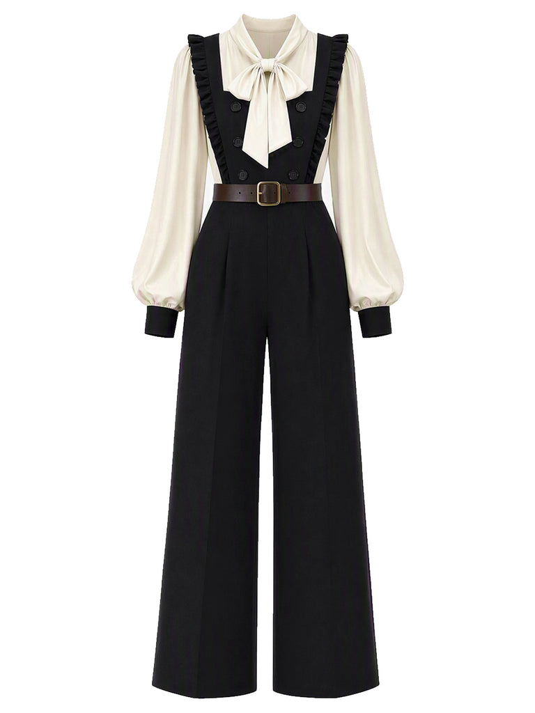 [Vorverkauf] 70er Set mit Rüschenträger-Jumpsuit und Schleifenbluse