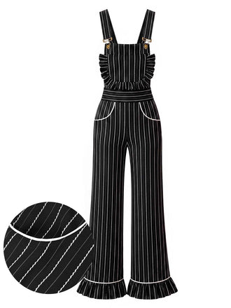 Schwarzer 30er Nadelstreifen-Overall mit Taschen und Rüschen