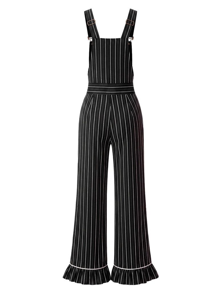 Schwarzer 30er Nadelstreifen-Overall mit Taschen und Rüschen