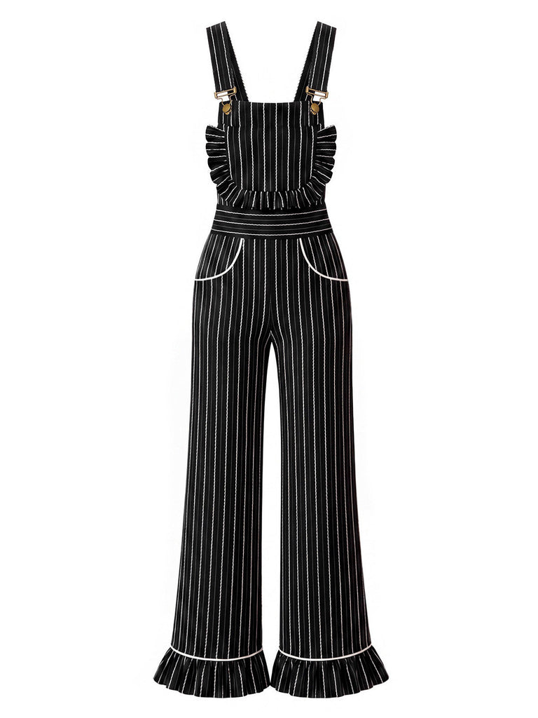 Schwarzer 30er Nadelstreifen-Overall mit Taschen und Rüschen