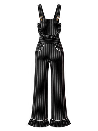 Schwarzer 30er Nadelstreifen-Overall mit Taschen und Rüschen