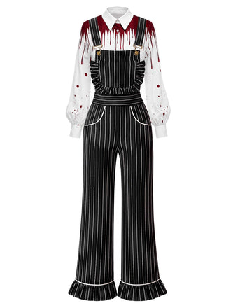 30er Nadelstreifen-Overall & Bluse Set mit Blut-Print