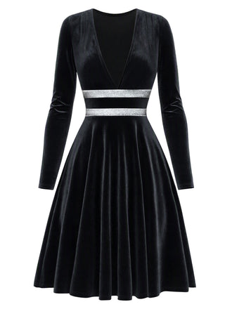 Schwarzes 80er Samtkleid mit V-Ausschnitt und Silberbund