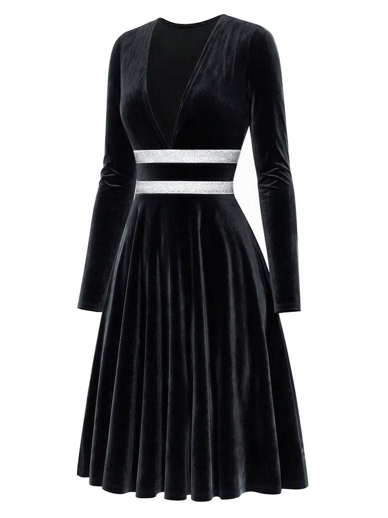 Schwarzes 80er Samtkleid mit V-Ausschnitt und Silberbund