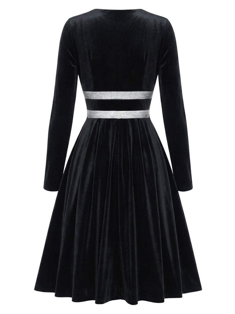 Schwarzes 80er Samtkleid mit V-Ausschnitt und Silberbund