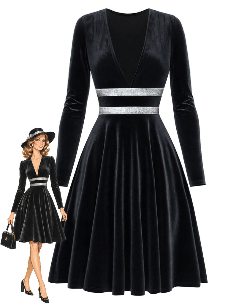 Schwarzes 80er Samtkleid mit V-Ausschnitt und Silberbund