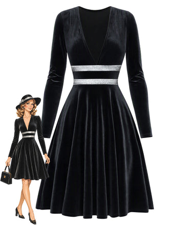 Schwarzes 80er Samtkleid mit V-Ausschnitt und Silberbund