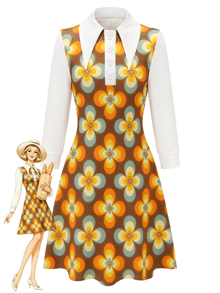Oranges 60er Blumen-A-Linienkleid mit großem spitzem Kragen