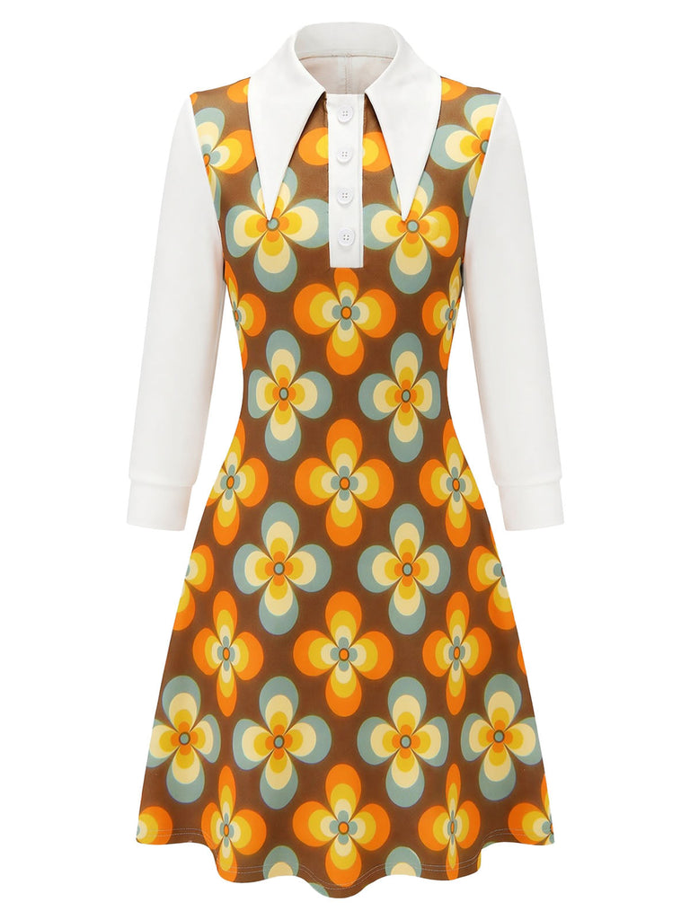 Oranges 60er Blumen-A-Linienkleid mit großem spitzem Kragen