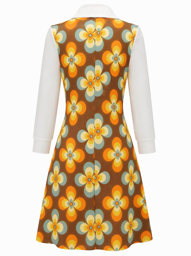 Oranges 60er Blumen-A-Linienkleid mit großem spitzem Kragen