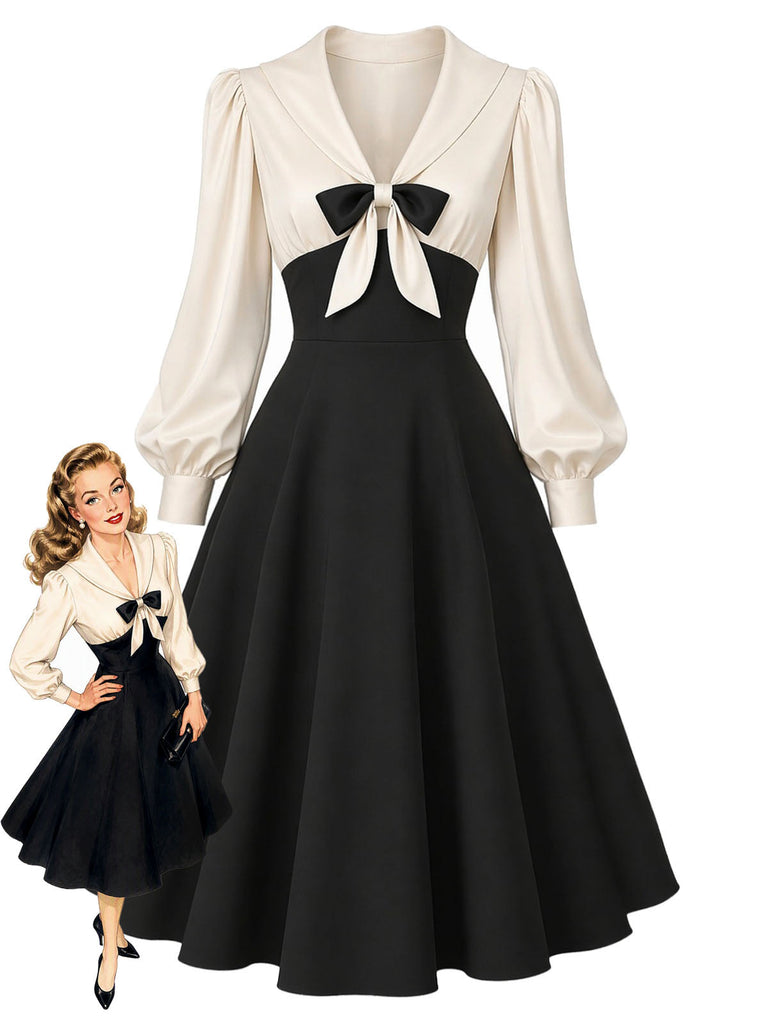 Creme-schwarzes 50er Kleid mit Schleife und Ballonärmeln