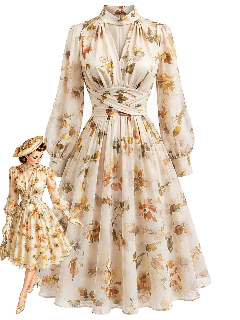 Gelbes 50er Chiffonkleid mit Blumen und Ballonärmeln