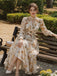 Gelbes 50er Chiffonkleid mit Blumen und Ballonärmeln