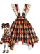 Orange 80er Kleid mit Rüschen und Karo