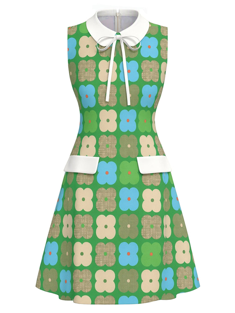 Grünes 60er Kleid mit Peter-Pan-Kragen und Blumen