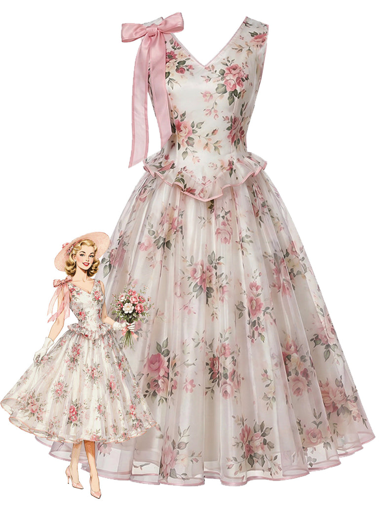 Rosa 50er Netzkleid mit Blumen und Schleife