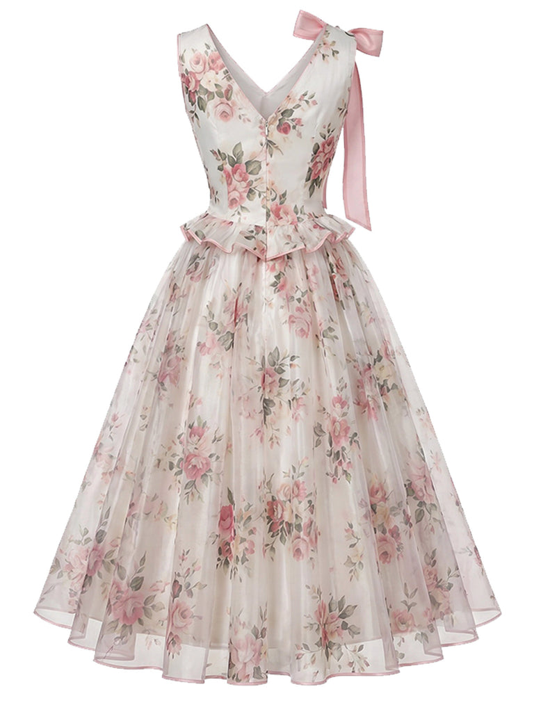 Rosa 50er Netzkleid mit Blumen und Schleife