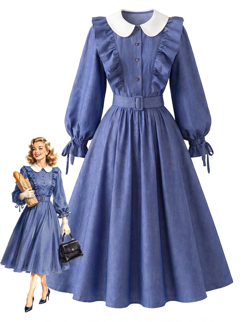 Blaues 50er Kleid mit Peter-Pan-Kragen und Rüschen