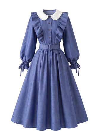 Blaues 50er Kleid mit Peter-Pan-Kragen und Rüschen
