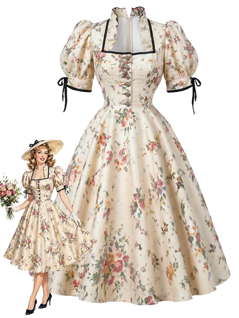 Hellgelbes 50er Swingkleid mit Blumen und Puffärmeln