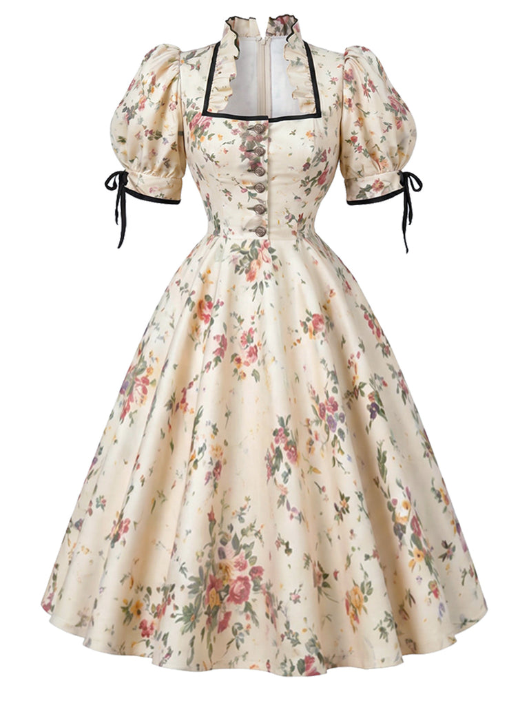 Hellgelbes 50er Swingkleid mit Blumen und Puffärmeln
