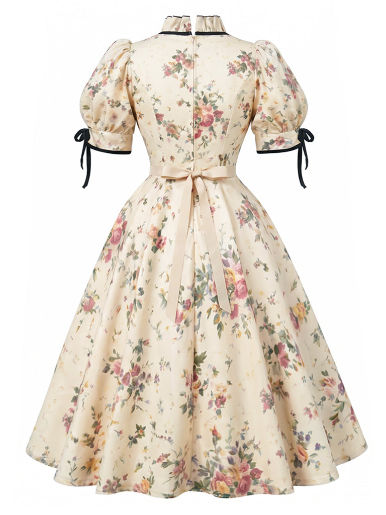 Hellgelbes 50er Swingkleid mit Blumen und Puffärmeln