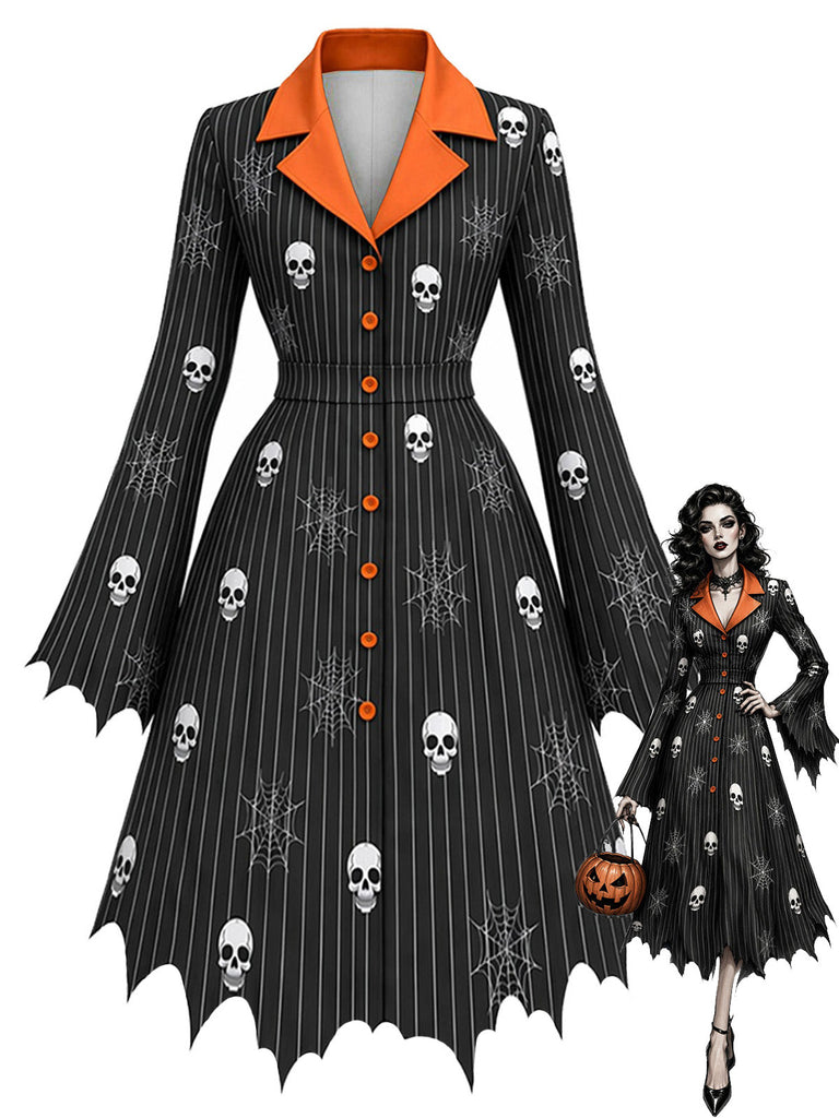 50er Kleid mit Totenkopf-Spinnennetz-Print und Fledermaussaum