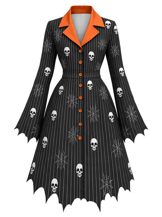 50er Kleid mit Totenkopf-Spinnennetz-Print und Fledermaussaum