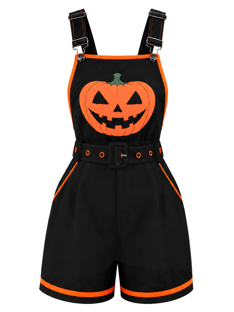 Schwarzer 60er Halloween-Latzromper mit Kürbis und Taschen