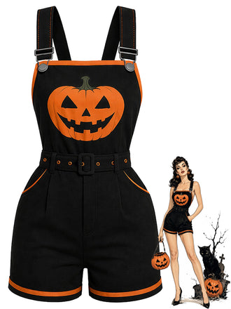 Schwarzer 60er Halloween Romper mit Kürbis und Taschen
